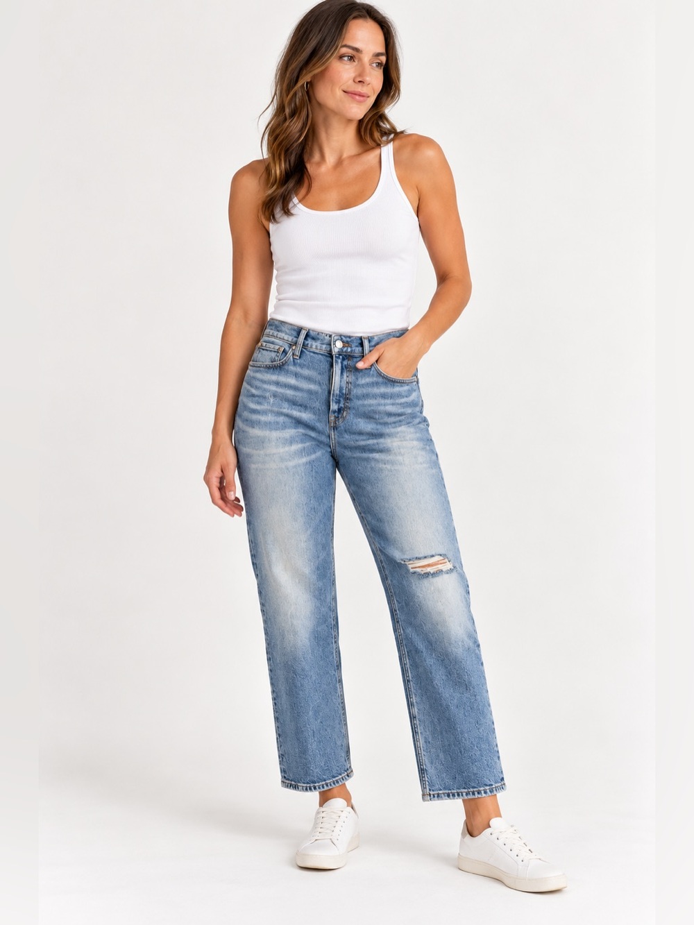 J.Crew Petite Classic Straight Jeans Distressed Knee Medium Wash Size 31P